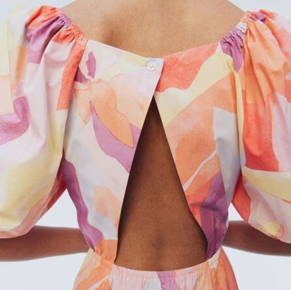 H&M Sweetheart Neckline Poplin Colorful Abstract Puff Sleeve Mini VacationDress - Picture 4 of 10